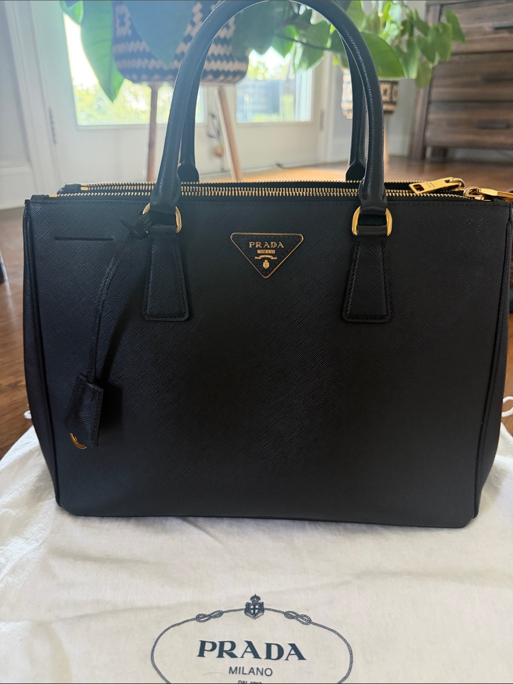 Prada Black Saffiano Leather Satchel with Gold Hardware